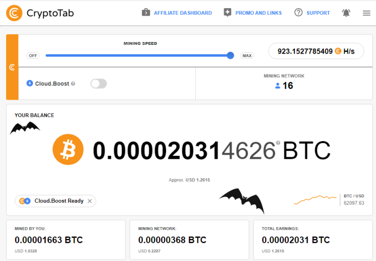 크립토탭(CryptoTab)을 통한 비트코인 채굴 현황(2021.11.05)