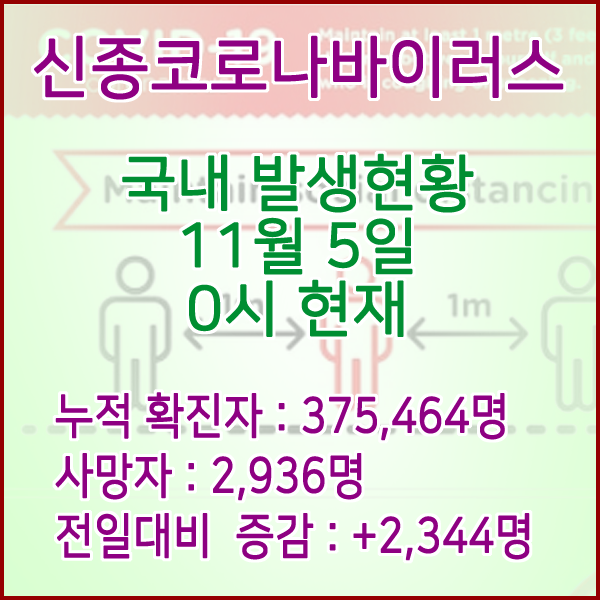  코로나19(코로나바이러스) 11월 5일 0시 신규확진자 2,344명 / 사망자 2,936명