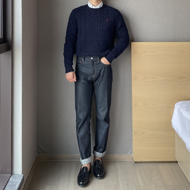  폴로 네이비 케이블니트 데일리룩