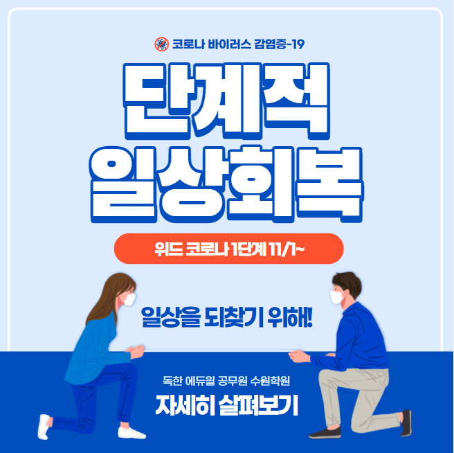  위드 코로나 1단계 본격 시작! (11/1~) 단계적 일상회복 1단계 시설별 주요 방역 수칙 내용 살펴보기 / 위드코로나 1단계 내용 [수원화성/수원역공무원학원]