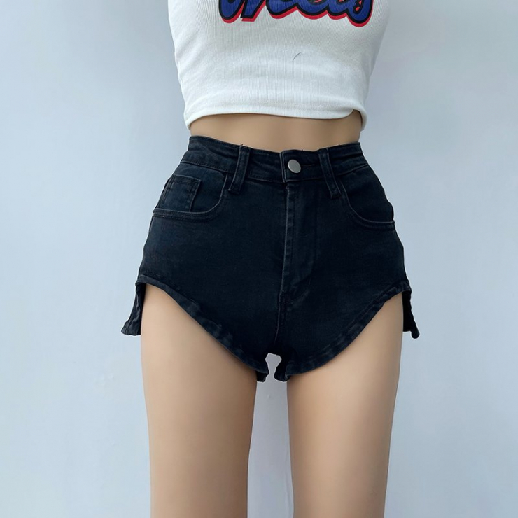  여름 롱 레그 핫팬츠, 하이웨이스트, 날씬하고 타이트한 엉덩이, 불규칙한 신축성 다리, 초단단 데님 반바지, 여성