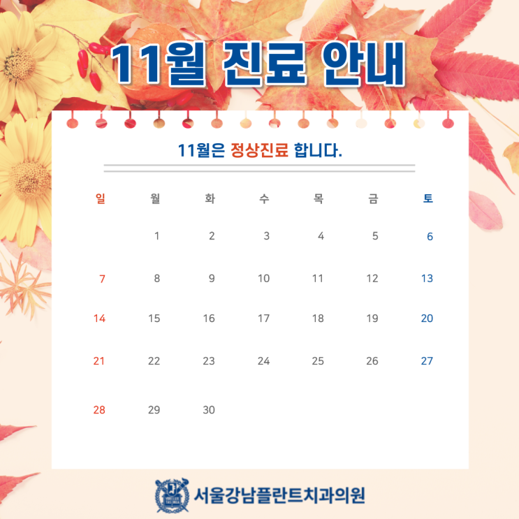  [서울강남플란트치과] 11월 진료일정 안내