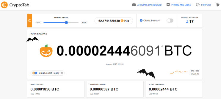 크립토탭(CryptoTab)을 통한 비트코인 채굴 현황(2021.11.07)