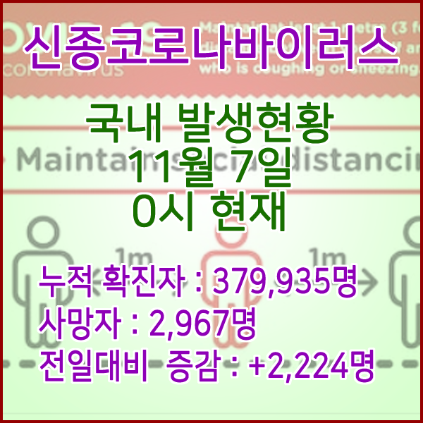  코로나19(코로나바이러스) 11월 7일 0시 신규확진자 2,224명 / 사망자 2,967명