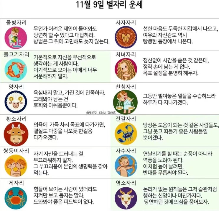  2021년 11월 09 오늘의 운세 띠별운세 별자리운세