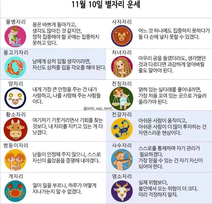  2021년 11월10일 오늘의 운세 띠별운세 별자리운세