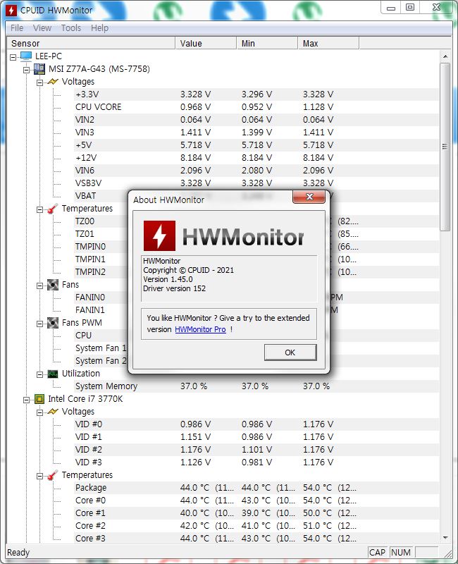 PC모니터링 HWMonitor 1.45 무설치 프로그램 버전 다운로드