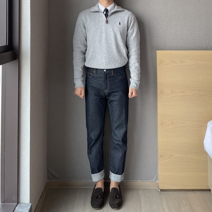  폴로 그레이 하프집업 데일리룩