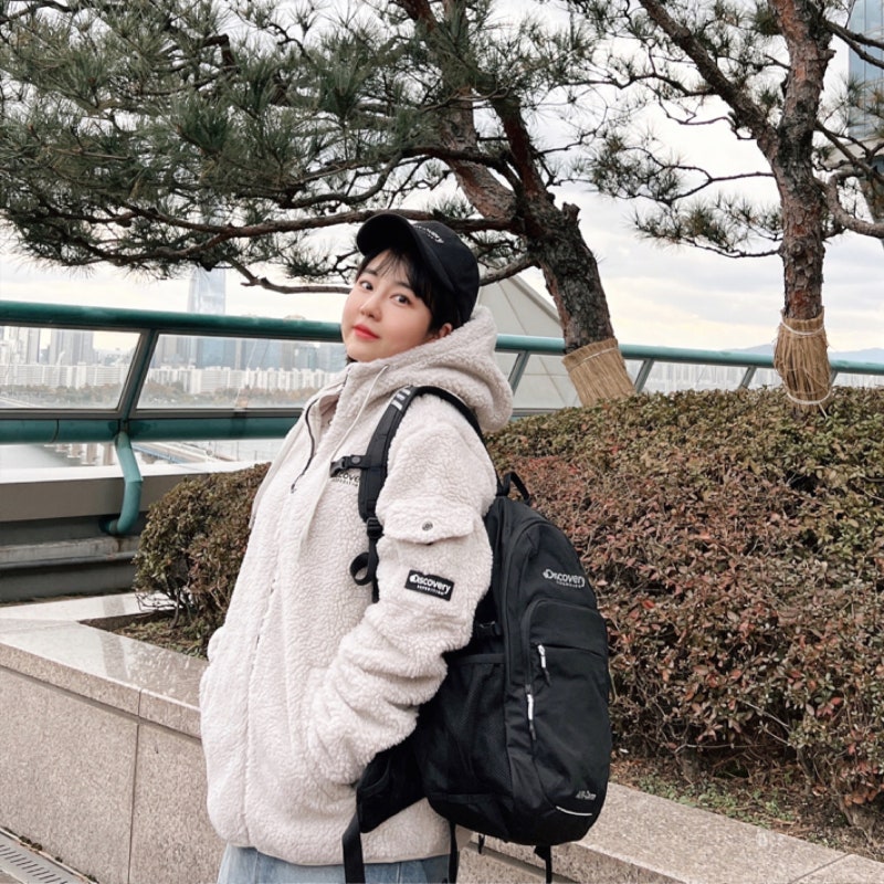 디스커버리 여성 후리스 자켓 양털후리스 코디 귀여워! 디스커버리 가방+모자까지 완벽