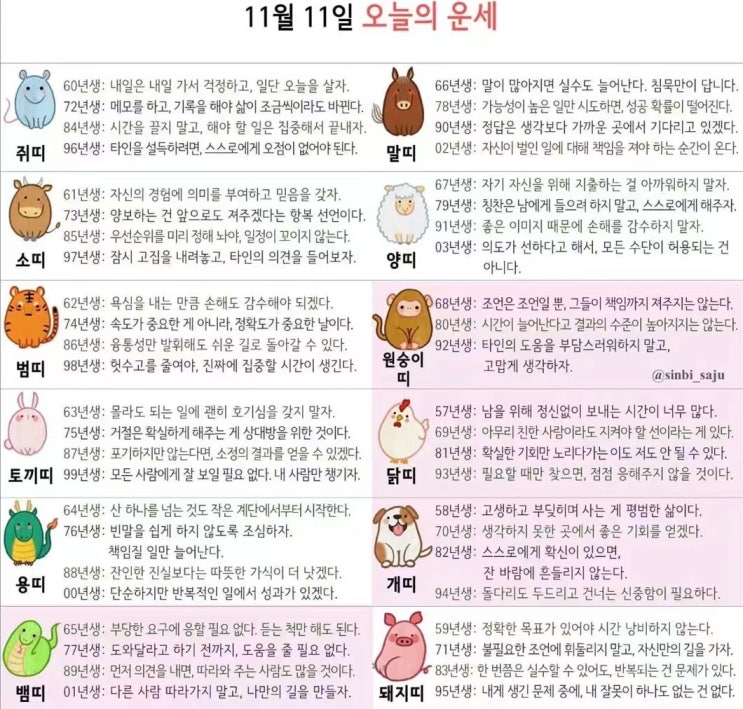  2021년 11월11일 오늘의 운세 띠별운세 별자리운세