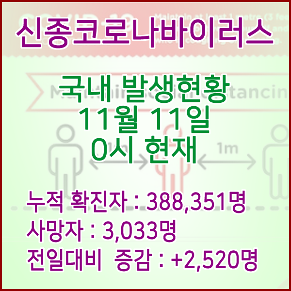  코로나19(코로나바이러스) 11월 11일 0시 신규확진자 2,520명 / 사망자 3,033명