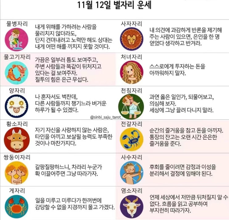  2021년 11월12일 오늘의 운세 띠별운세 별자리운세