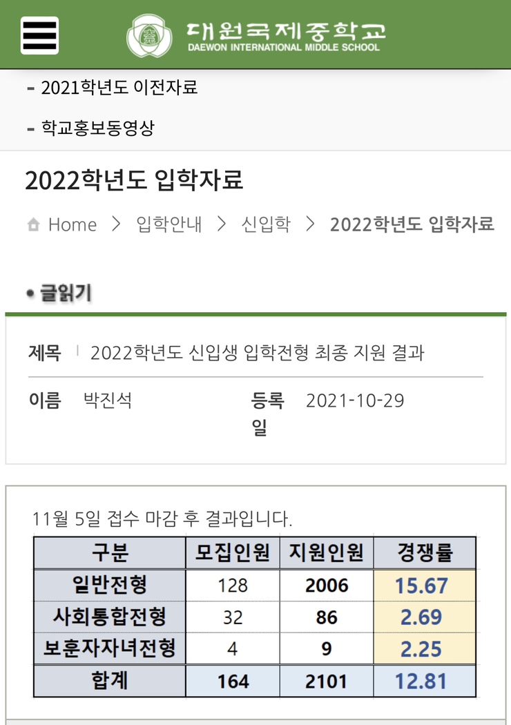  2022학년도 대원국제중 신입생 경쟁률