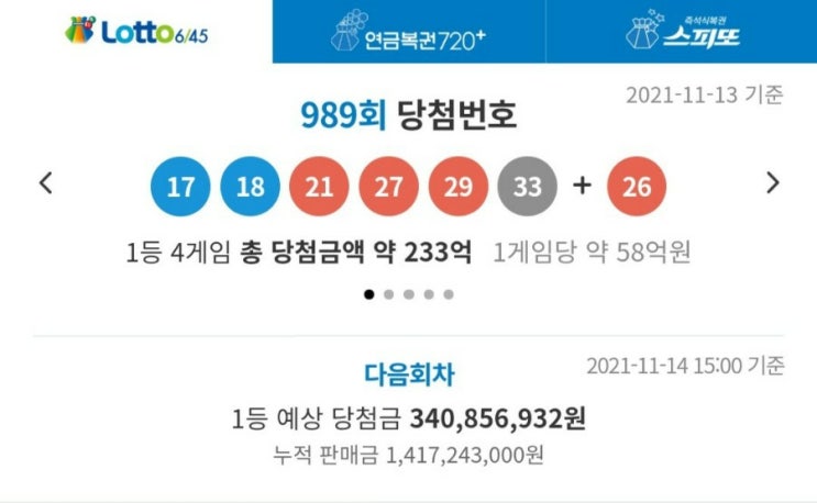 로또 989회 당첨번호 및 당첨 금액 확인!!