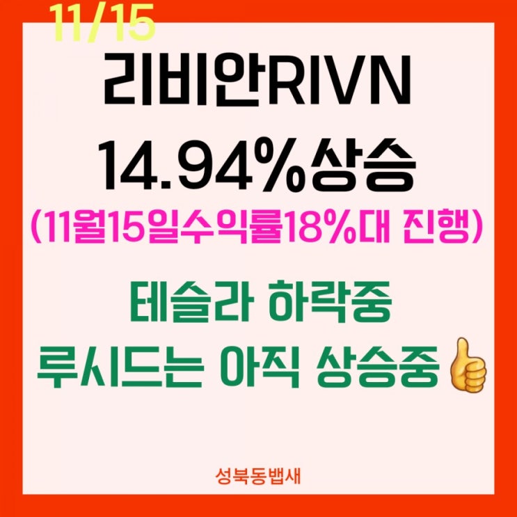  리비안RIVN 14.94%상승 (ft,11월15일 리비안 수익률 18%진행 중)테슬라 하락중, 루시드는 천천히