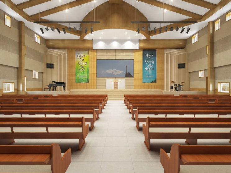 천장 디자인의 웅장함과 상반되는 편안한 분위기의 교회 인테리어 내부 투시도