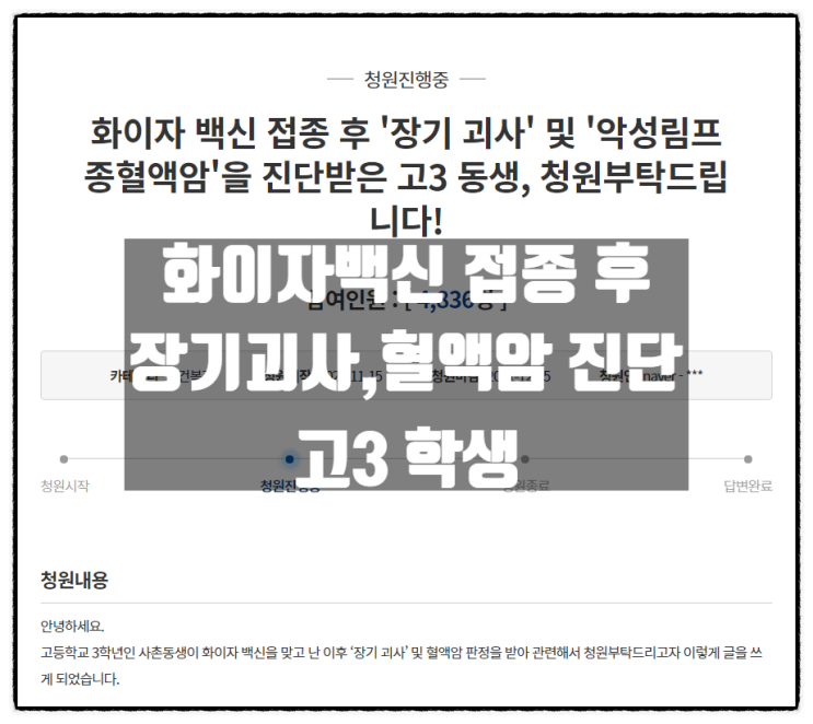 화이자 백신 접종 후 '장기괴사' 및 '악성림프종혈액암' 진단 받은 고3학생 가족의 국민청원 화이자 백신 접종 후 '장기괴사' 및 '악성림프종혈액암' 진단 받은 고3학생 가족의 국민청원