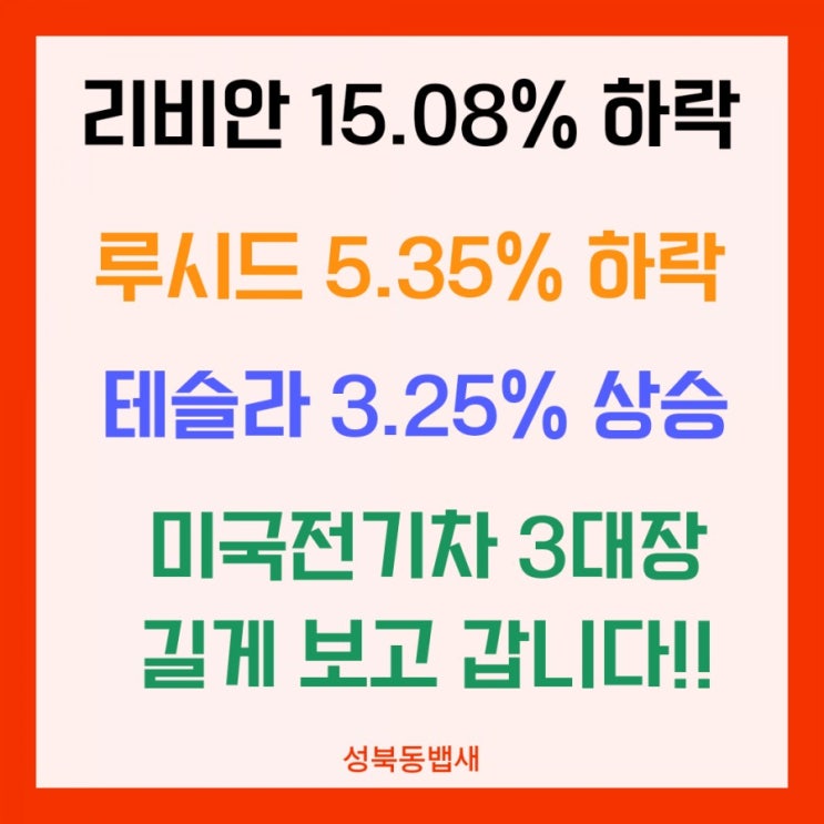  리비안15.08%하락,루시드5.35%하락,테슬라3.25%상승(미국전기차3대장)