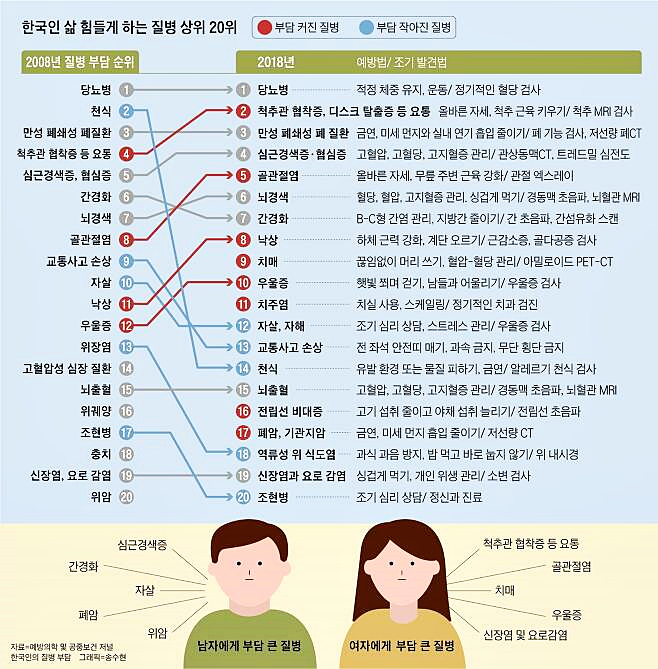 한국인  질병 1위 당뇨병 2위 척추 요통 3위 폐 질환