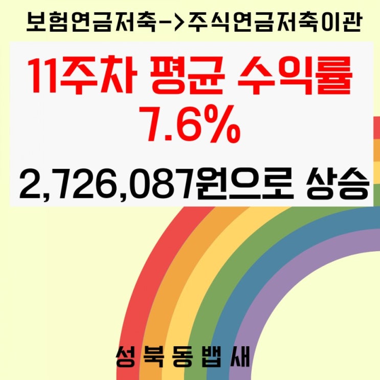  보험연금저축→주식연금저축 이관 후 11주차 결과 평균 7.6%대 수익률 2,726,087원으로 상승