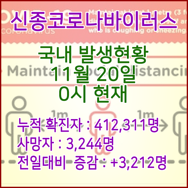  코로나19(코로나바이러스) 11월 20일 0시 신규확진자 3,212명 / 사망자 3,244명