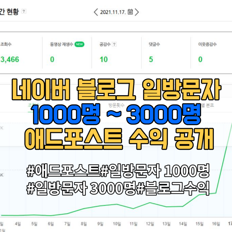 네이버 블로그 일방문자 3000명,1000명 애드포스트 수익 공개(feat.하루천하)