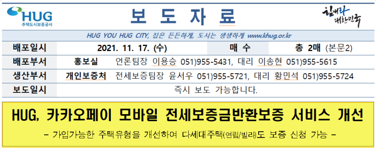  HUG, 다세대주택(연립/빌라)도 모바일(카카오페이) 전세보증금반환보증 신청 가능