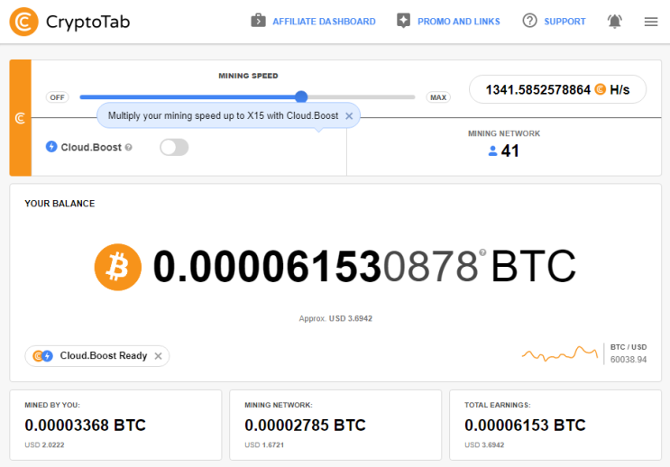 크립토탭(CryptoTab)을 통한 비트코인 채굴 현황(2021.11.23)