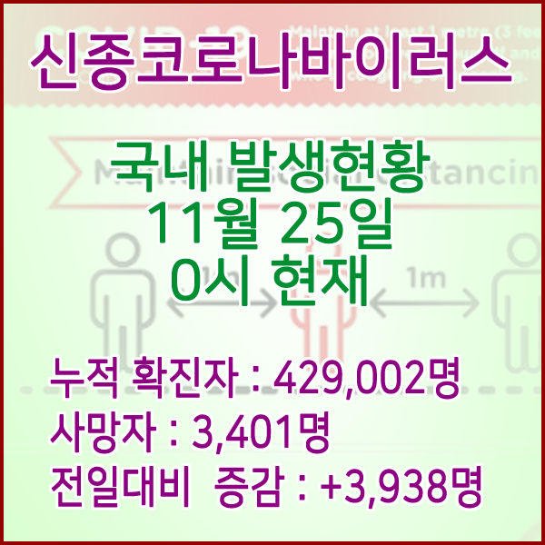  코로나19(코로나바이러스) 11월 25일 0시 신규확진자 3,938명 / 사망자 3,401명
