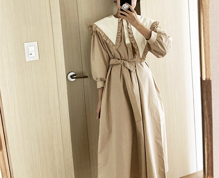  (당일배송)배색 프릴 빅 카라 롱 원피스(61)
