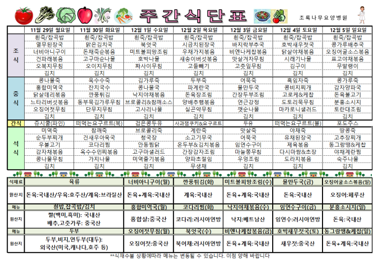  2021년 11월29일~12월05일 식단표