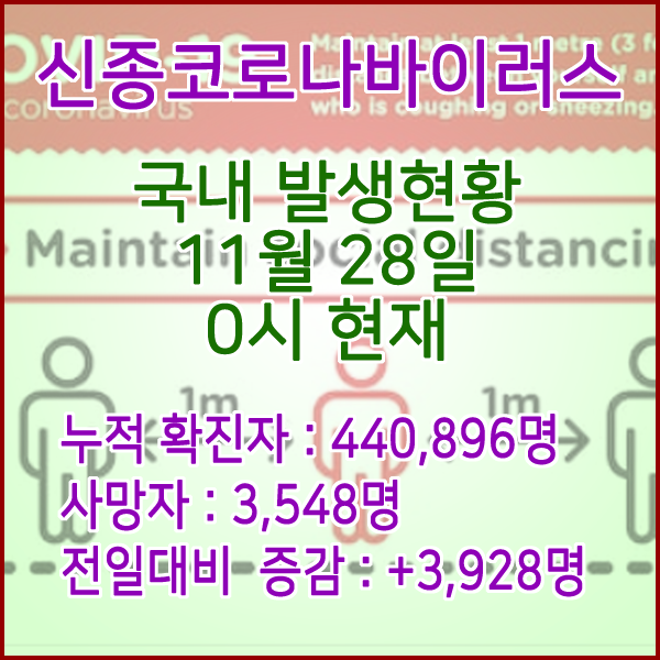  코로나19(코로나바이러스) 11월 28일 0시 신규확진자 3,928명 / 사망자 3,548명