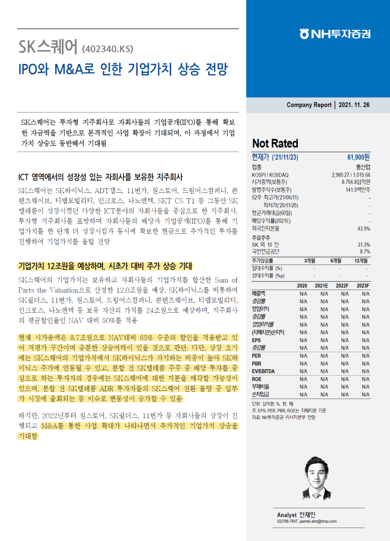 SK 스퀘어 - 장기로는 SK와의 합병 우려/22년3분기코인발행&추가M&A&자회사 원스토어/ SK쉴더스 상장(22/03_ : 네이버  블로그