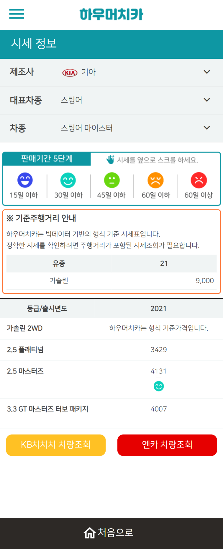하우머치카 2021년 10월 스팅어 마이스터 중고차가격.시세표 하우머치카 2021년 10월 스팅어 마이스터 중고차가격.시세표
