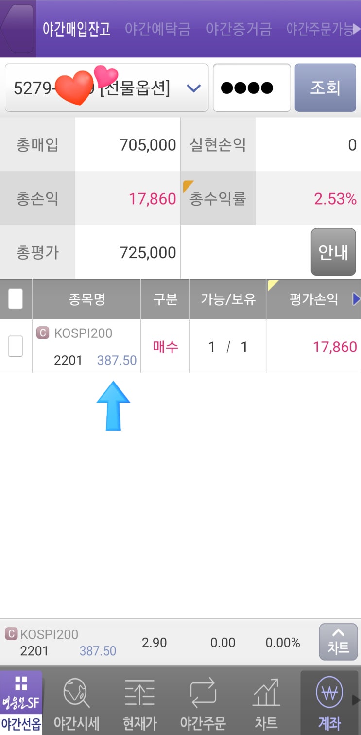  22년 01월물 콜 옵션 하나 매수