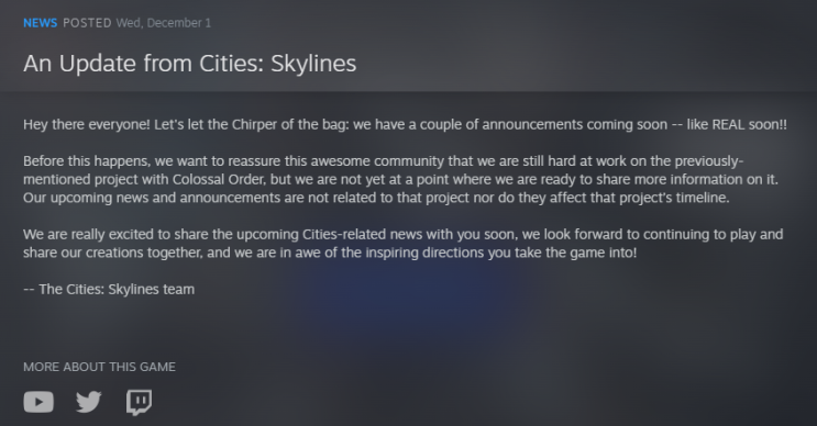 "시티즈 스카이라인2" 출시? 의미심장한 업데이트 공지 (Cities:Skylines2) "시티즈 스카이라인2" 출시? 의미심장한 업데이트 공지 (Cities:Skylines2)