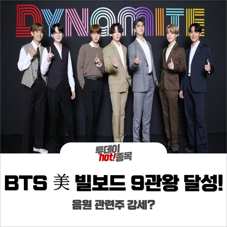  [오후장 특징주] BTS 빌보드 결산 9관왕 달성 소식에 음원관련주 강세?