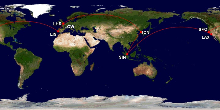 런던과 리스본, 샌프란시스코 인 로스앤젤레스 아웃에 싱가포르까지 세계일주 항공권 85만원