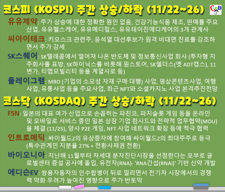  테슬라 주가 6%대 급락 & 코스피/코스닥 주간 상승/하락 탑20 (유유제약, 씨아이테크, SK스퀘어, 플레이그램, FSN, 인트로메딕, 바이오니아,에디슨EV,11/29~12/3)