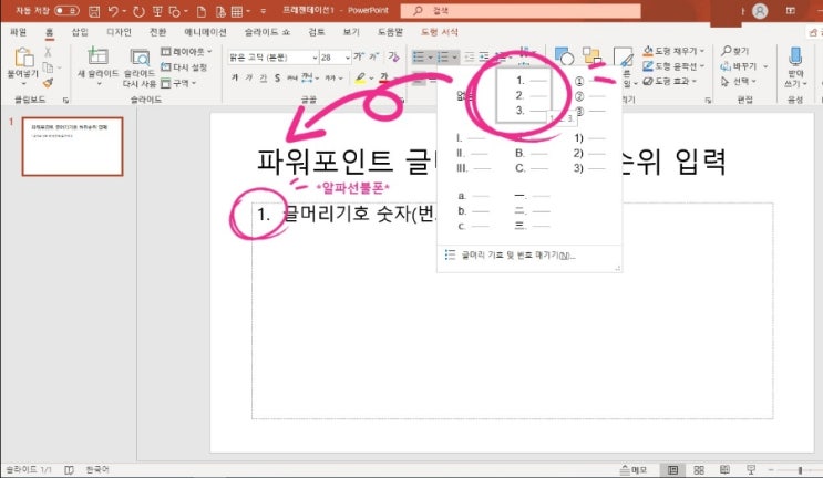  파워포인트 글머리기호 하위번호 입력하는 방법