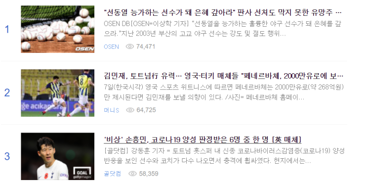 오늘의 스포츠 많이 본 뉴스 정리