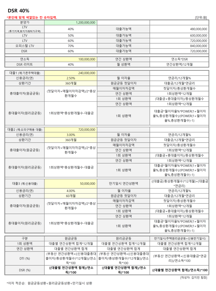  DSR 40% 계산 (엑셀첨부)