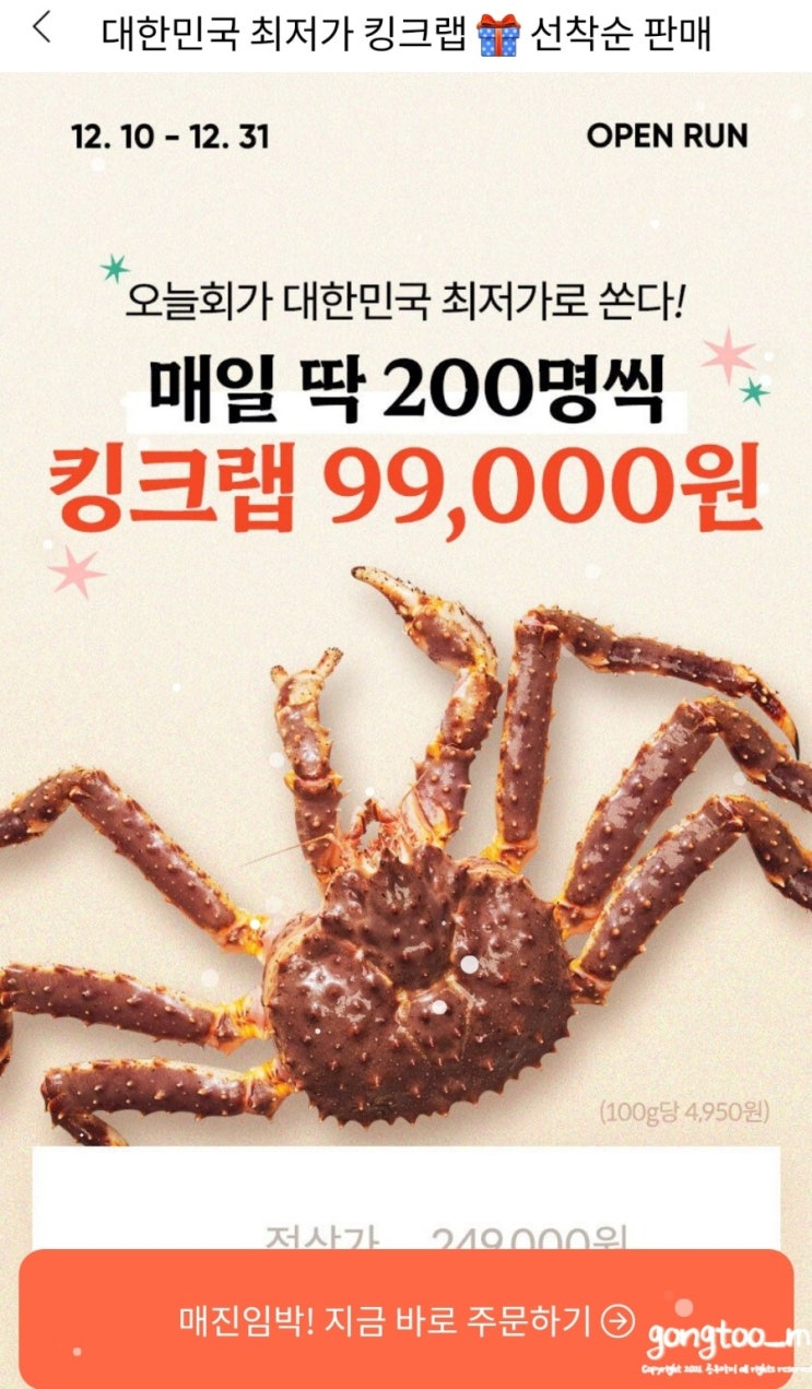  오늘회 당일배송 킹크랩 99000원 최저가 선착순 구입 내돈내산 후기 킹크랩손질,찌는법