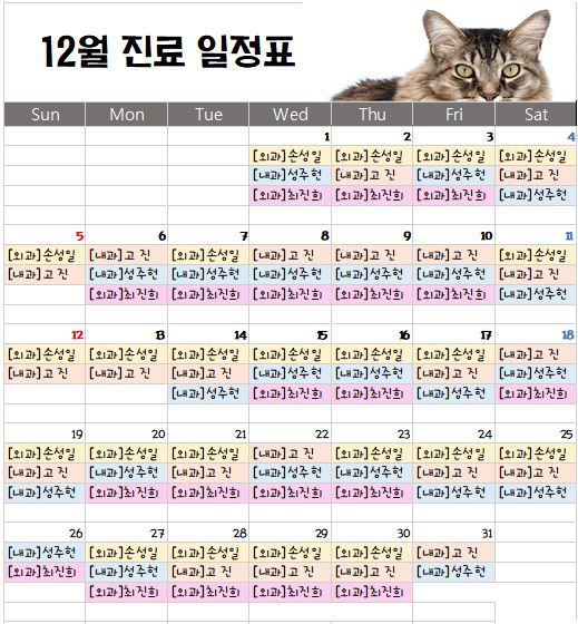   경기광주 동물병원 송정동물의료센터 2021년 12월 주치의 스케줄 