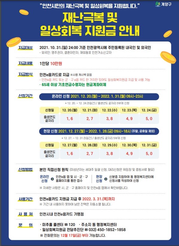  인천 재난지원금 신청방법 정리 및 사용처 사용기간