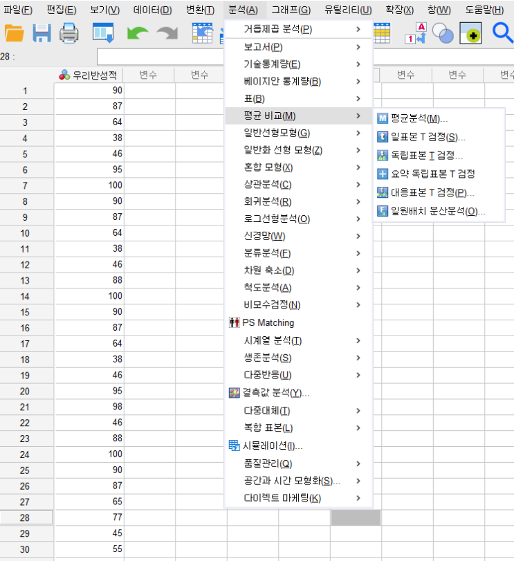  논문통계-spss 일표본 t검정