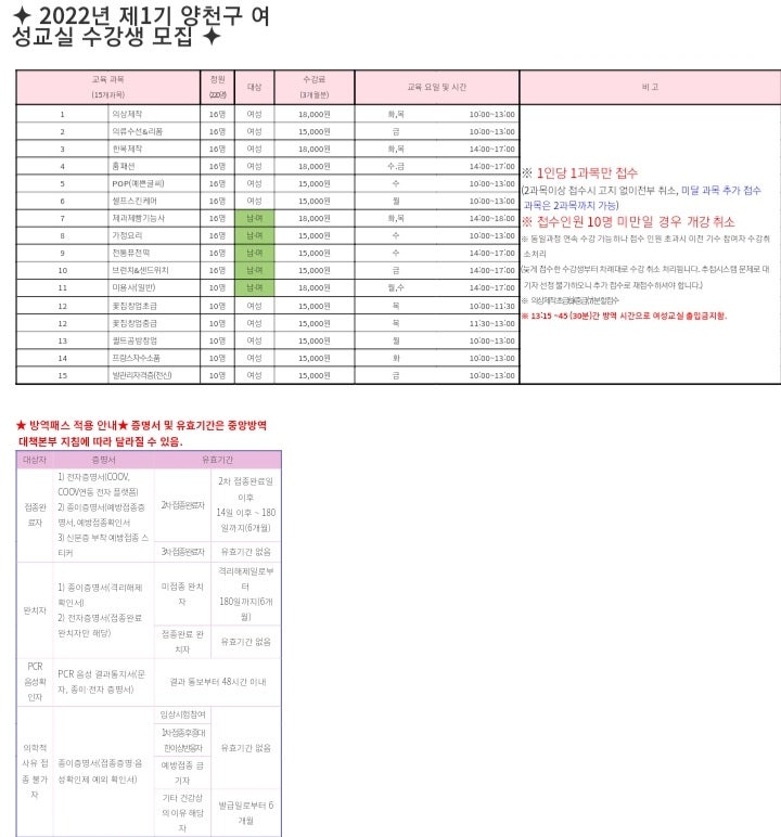 2022년 제1기 양천구 여성교실 수강생 모집 안내