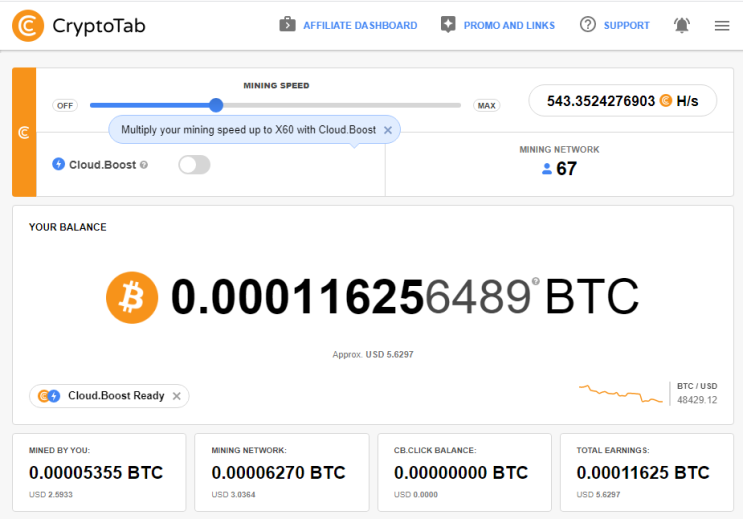 크립토탭(CryptoTab)을 통한 비트코인 채굴 현황 및 채굴 네트워크 67명 (2021.12.14)