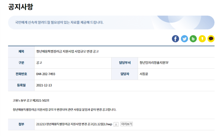 청년채용특별장려금 지원사업 사업규모 변경 공고 청년채용특별장려금 지원사업 사업규모 변경 공고