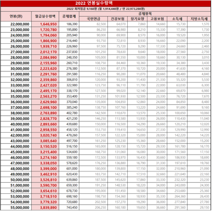  2022년 연봉 실수령액, 최저시급 총 정리 Simple!!(엑셀표, 세금, 공제항목 등)